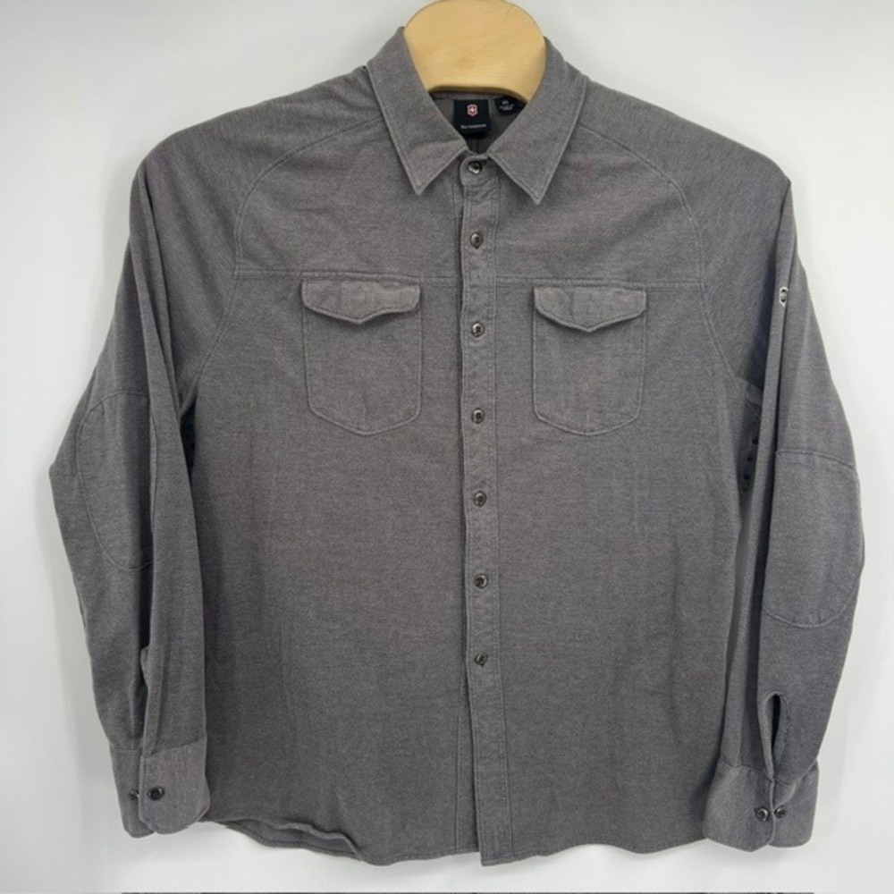 Victorinox Men's XL Gray Cotton Pique Button Up Long Sleeve Shirt